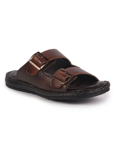 Men Brown Open Toe Broad Feet Double Adjustable Strap Ethnic Kurta Slip On Sandals|Anti-Skid Sole Slippers|Memory Cushion Insole