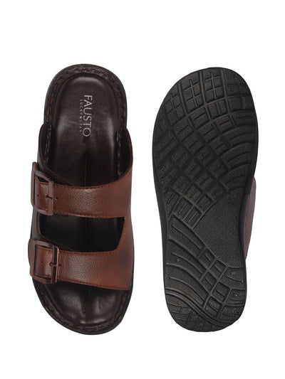 Men Brown Open Toe Broad Feet Double Adjustable Strap Ethnic Kurta Slip On Sandals|Anti-Skid Sole Slippers|Memory Cushion Insole