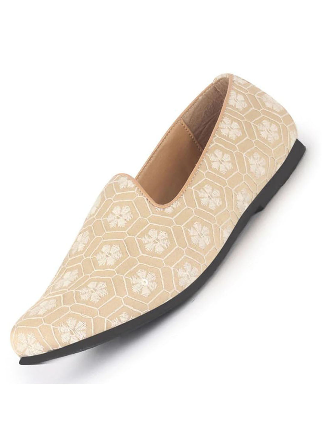 men beige floral embroidery ethnic slip on juttis and mojaris for wedding