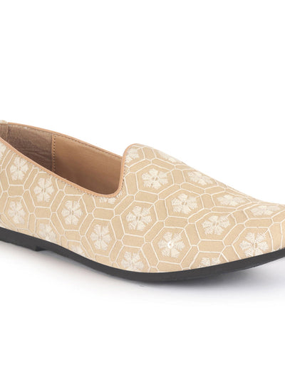 Men Beige Floral Embroidery Ethnic Slip On Juttis and Mojaris for Wedding|Party Slip-On|Traditional Kurtas Shoes