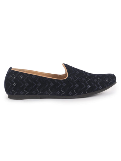 Men Blue Embroidery Sequin Ethnic Slip On Juttis and Mojaris for Wedding|Festive Slip-On|Traditional Sherwani Shoes