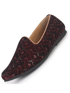Men Red Embroidery Sequin Ethnic Slip On Juttis and Mojaris for Wedding|Festive Slip-On|Traditional Sherwani Shoes