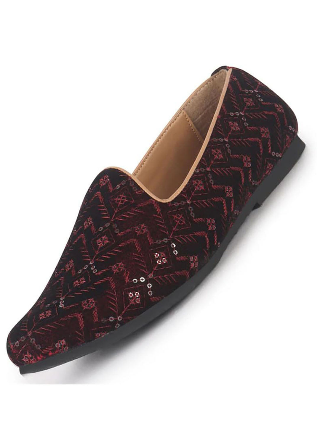 Men Red Embroidery Sequin Ethnic Slip On Juttis and Mojaris for Wedding|Festive Slip-On|Traditional Sherwani Shoes