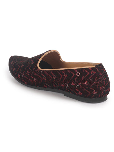 Men Red Embroidery Sequin Ethnic Slip On Juttis and Mojaris for Wedding|Festive Slip-On|Traditional Sherwani Shoes