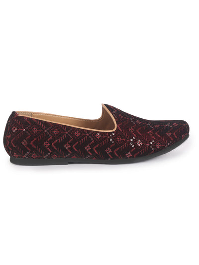 Men Red Embroidery Sequin Ethnic Slip On Juttis and Mojaris for Wedding|Festive Slip-On|Traditional Sherwani Shoes