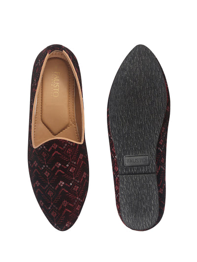 Men Red Embroidery Sequin Ethnic Slip On Juttis and Mojaris for Wedding|Festive Slip-On|Traditional Sherwani Shoes