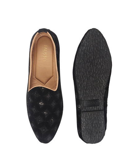 Men Black Embroidery Sequin Ethnic Slip On Juttis and Mojaris for Wedding|Festive Party Slip-On|Traditional Sherwani Shoes