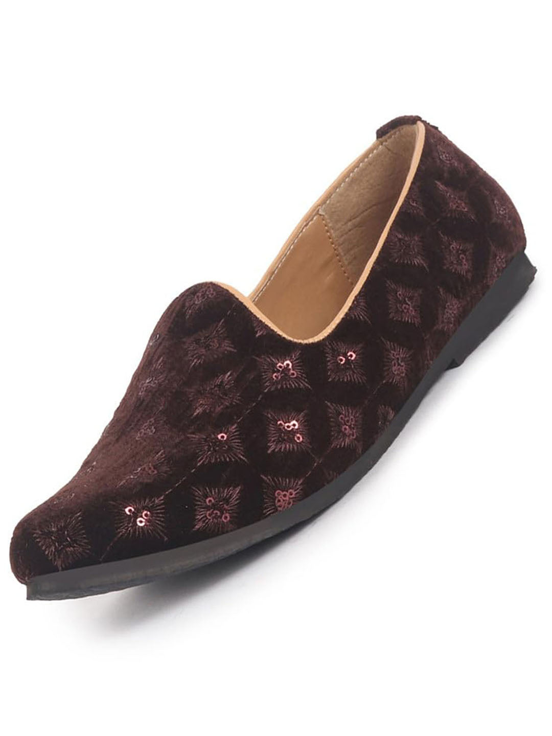 Men Brown Embroidery Sequin Ethnic Slip On Juttis and Mojaris for Wedding|Festive Party Slip-On|Traditional Sherwani Shoes