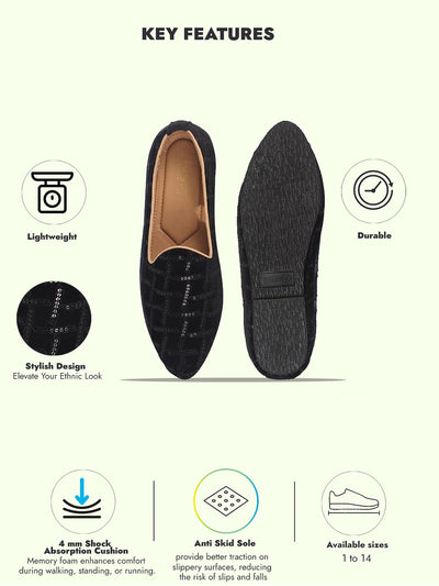 Men Black Embroidery Sequin Ethnic Slip On Juttis and Mojaris for Wedding|Traditional Sherwani Shoes|Festive Slip-On For Kurtas