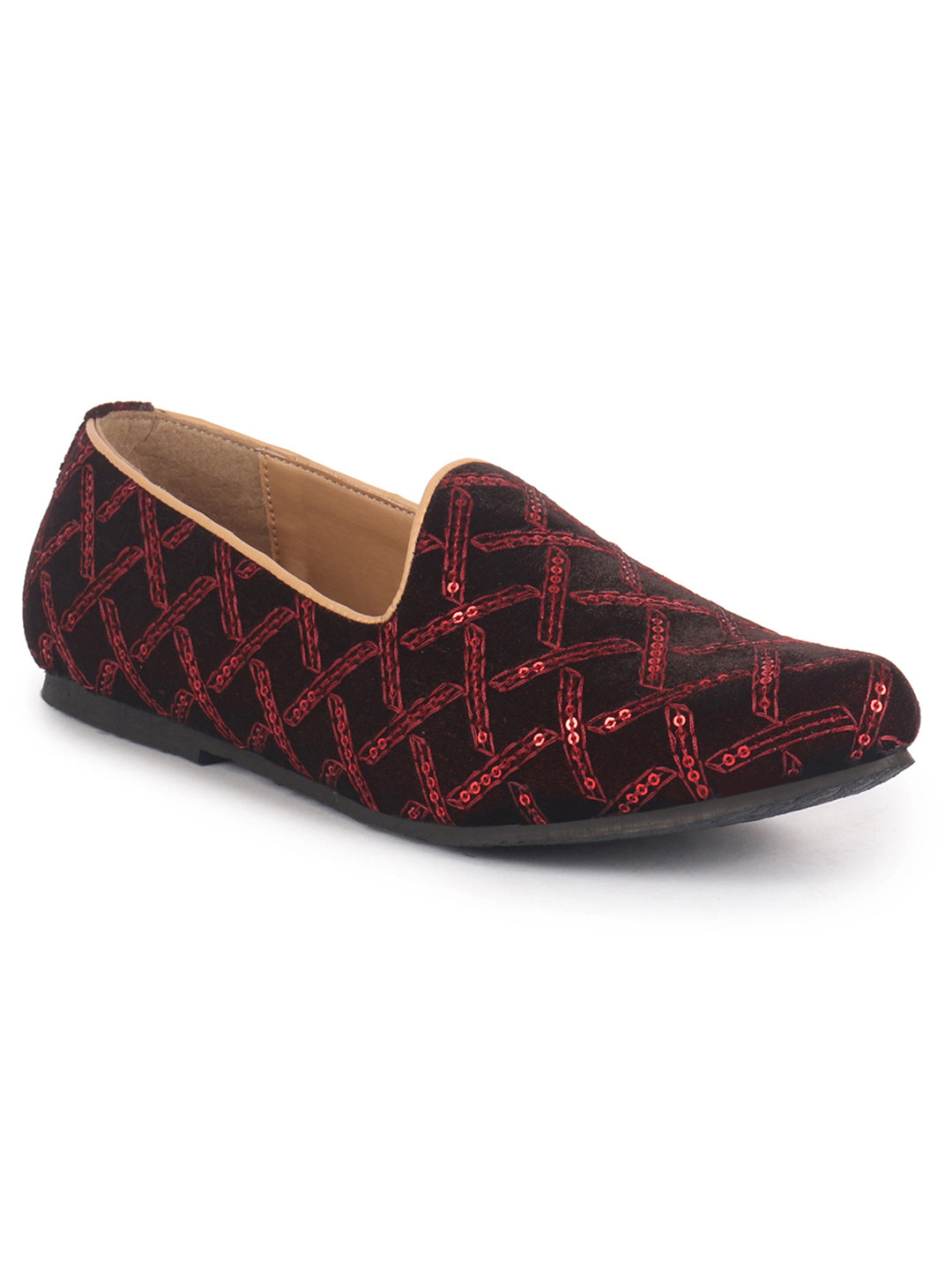 men maroon embroidery sequin ethnic slip on juttis and mojaris for wedding|traditional sherwani shoes|festive slip-on for kurtas