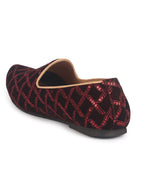 men maroon embroidery sequin ethnic slip on juttis and mojaris for wedding|traditional sherwani shoes|festive slip-on for kurtas