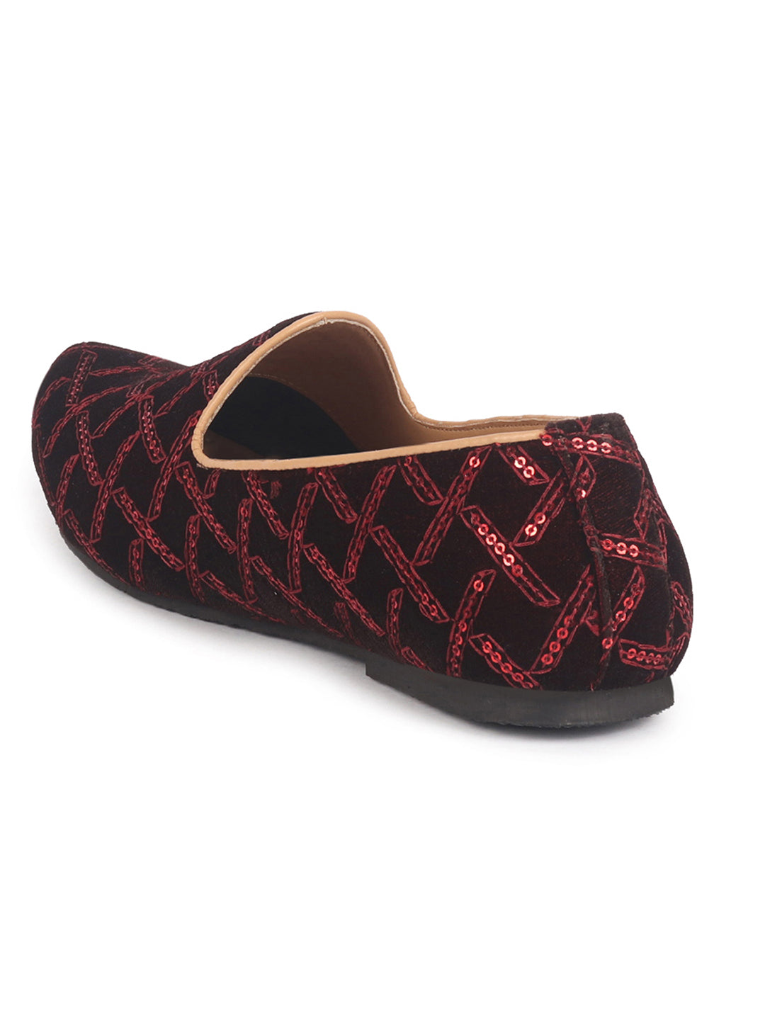 men maroon embroidery sequin ethnic slip on juttis and mojaris for wedding|traditional sherwani shoes|festive slip-on for kurtas