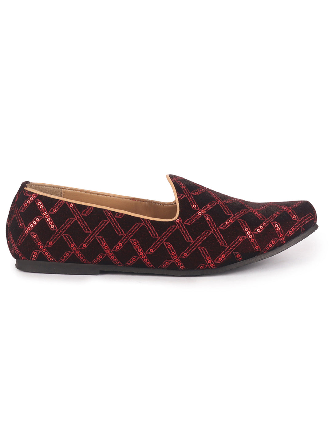 men maroon embroidery sequin ethnic slip on juttis and mojaris for wedding|traditional sherwani shoes|festive slip-on for kurtas
