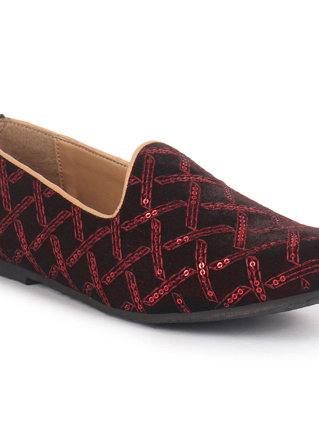 men maroon embroidery sequin ethnic slip on juttis and mojaris for wedding|traditional sherwani shoes|festive slip-on for kurtas