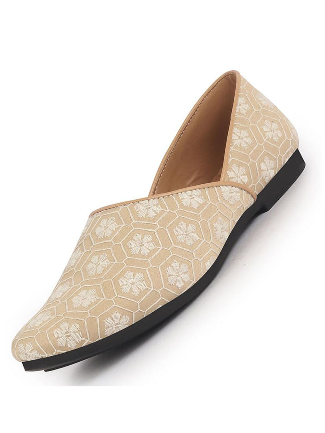 Men Beige Floral Embroidery Ethnic Half Cut Slip On Juttis and Mojaris for Wedding|Sherwani Slip-On|Traditional Kurtas Shoes