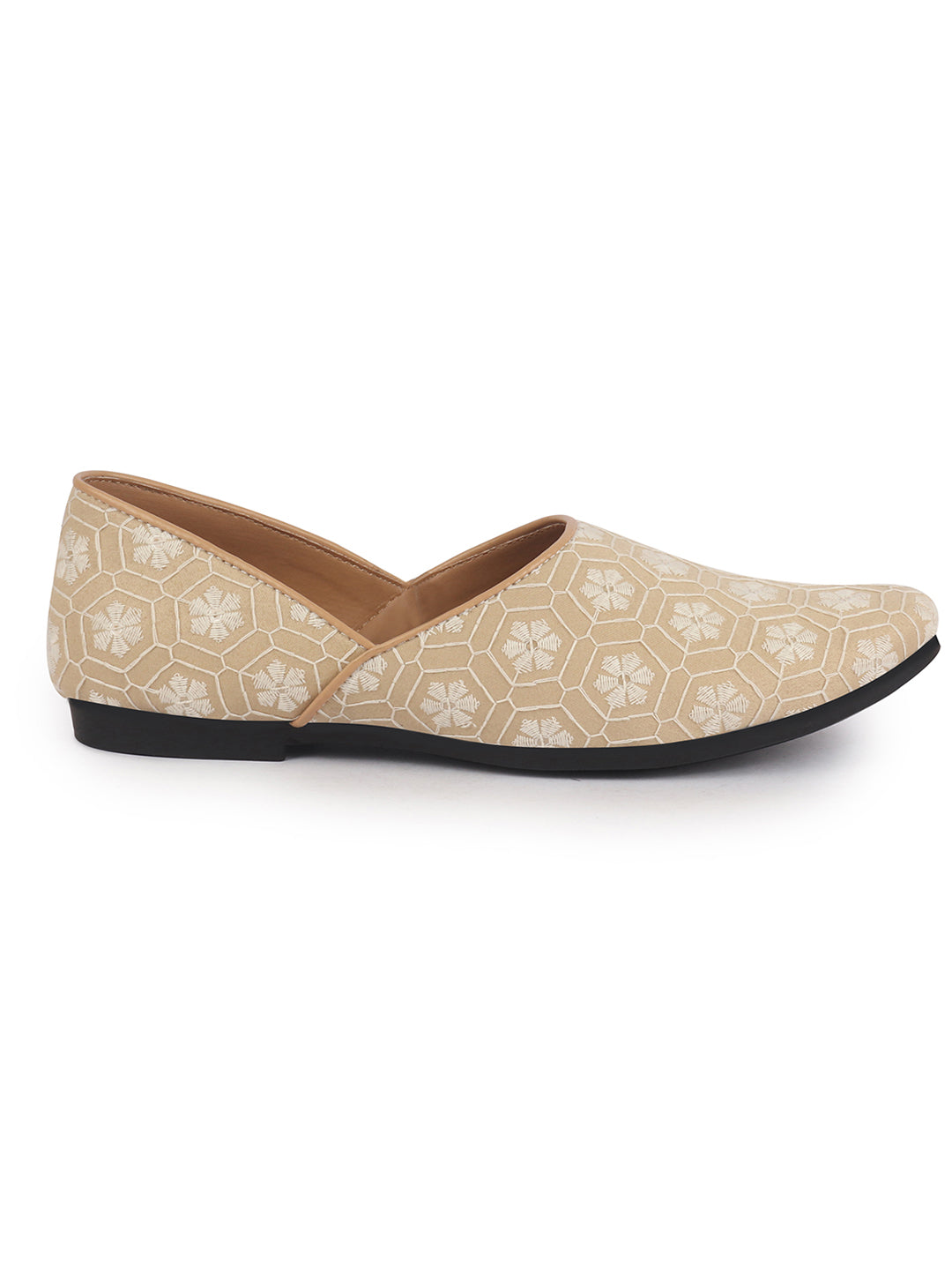 Men Beige Floral Embroidery Ethnic Half Cut Slip On Juttis and Mojaris for Wedding|Sherwani Slip-On|Traditional Kurtas Shoes