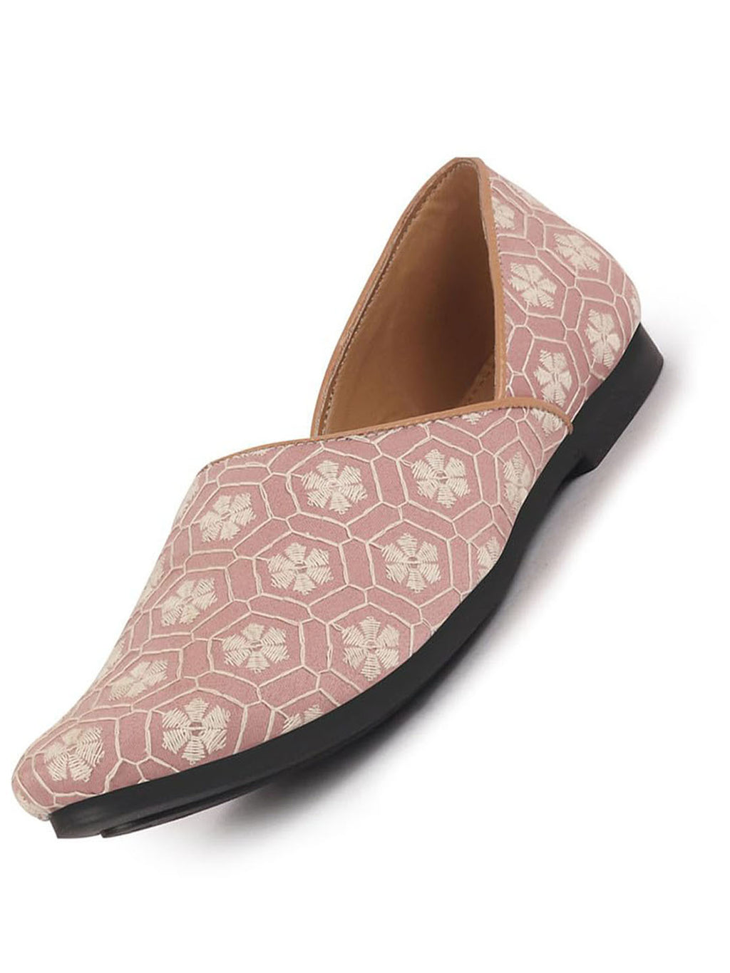 Men Pink Floral Embroidery Ethnic Half Cut Slip On Juttis and Mojaris for Wedding|Sherwani Slip-On|Traditional Kurtas Shoes