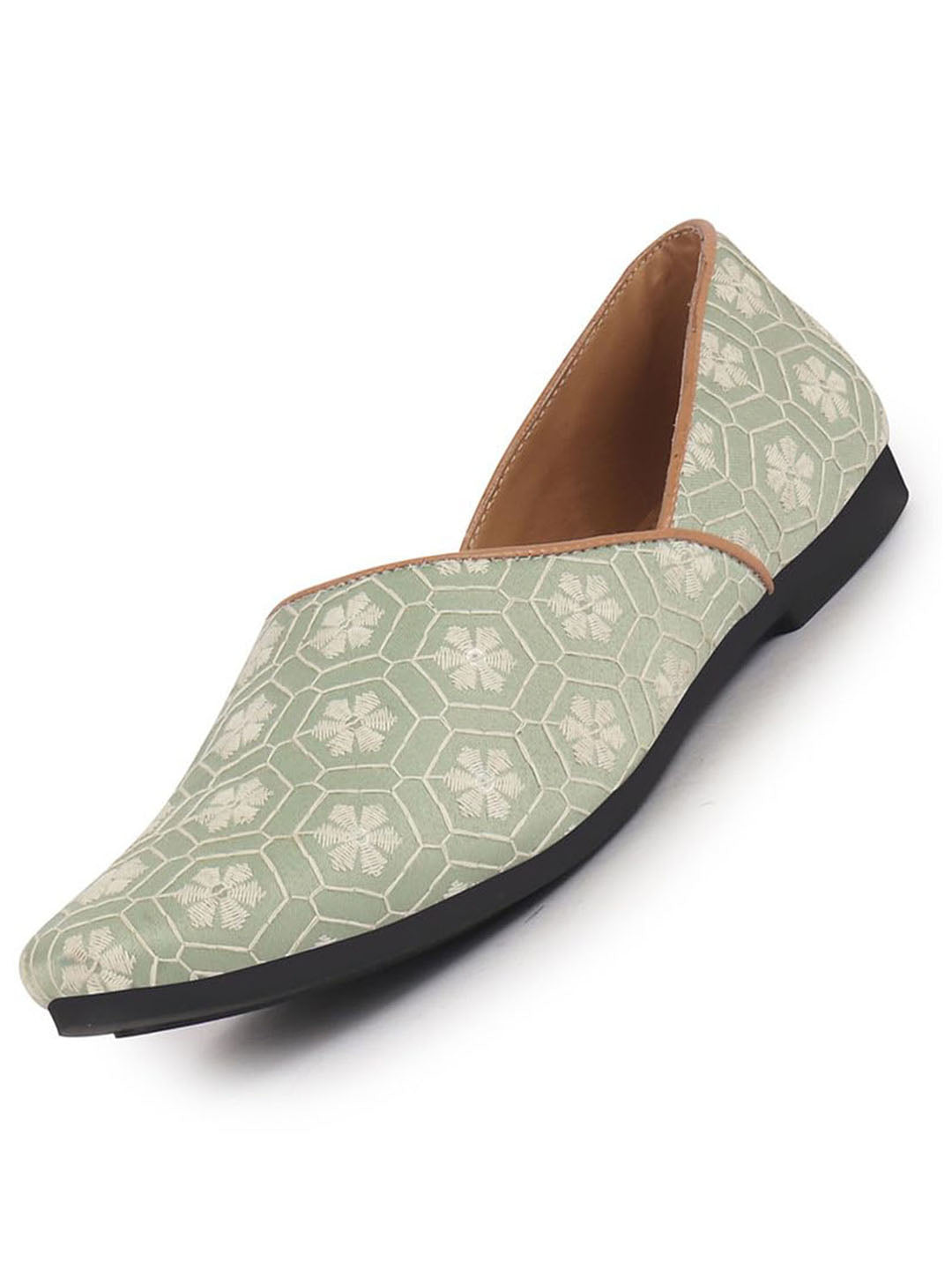 Men Pista Green Floral Embroidery Ethnic Half Cut Slip On Juttis and Mojaris for Wedding|Sherwani Slip-On|Traditional Kurtas Shoes