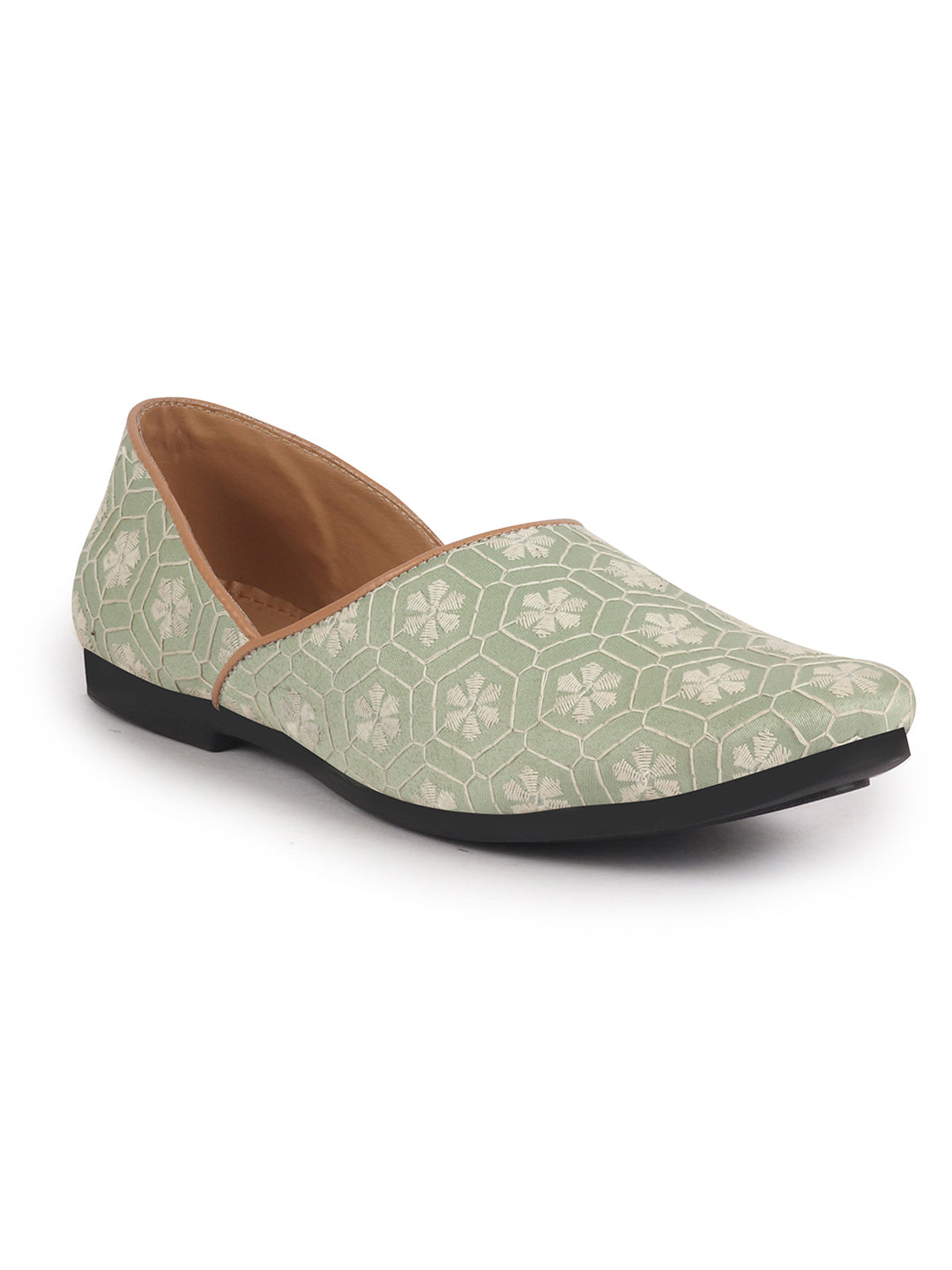 Men Pista Green Floral Embroidery Ethnic Half Cut Slip On Juttis and Mojaris for Wedding|Sherwani Slip-On|Traditional Kurtas Shoes