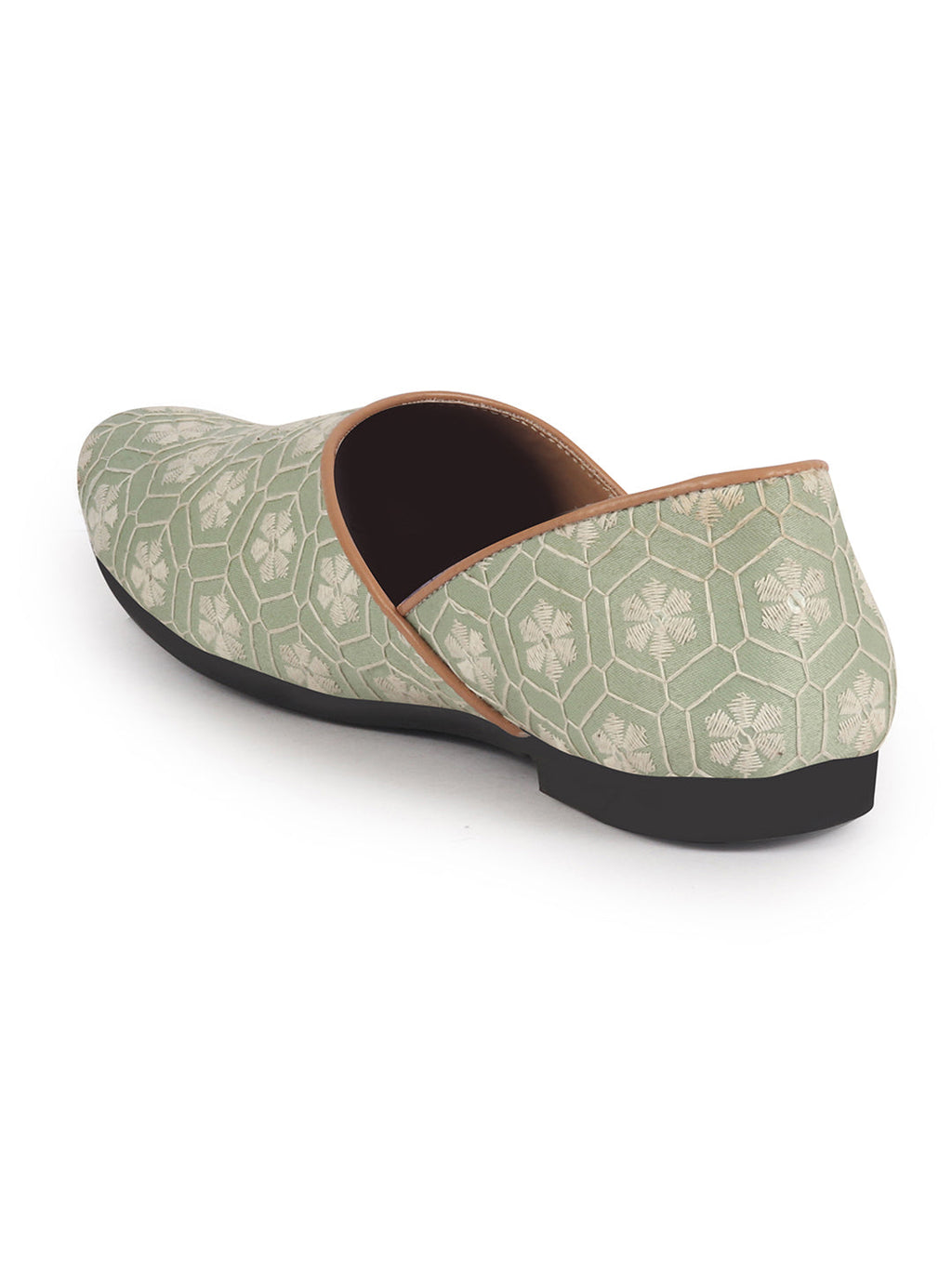 Men Pista Green Floral Embroidery Ethnic Half Cut Slip On Juttis and Mojaris for Wedding|Sherwani Slip-On|Traditional Kurtas Shoes