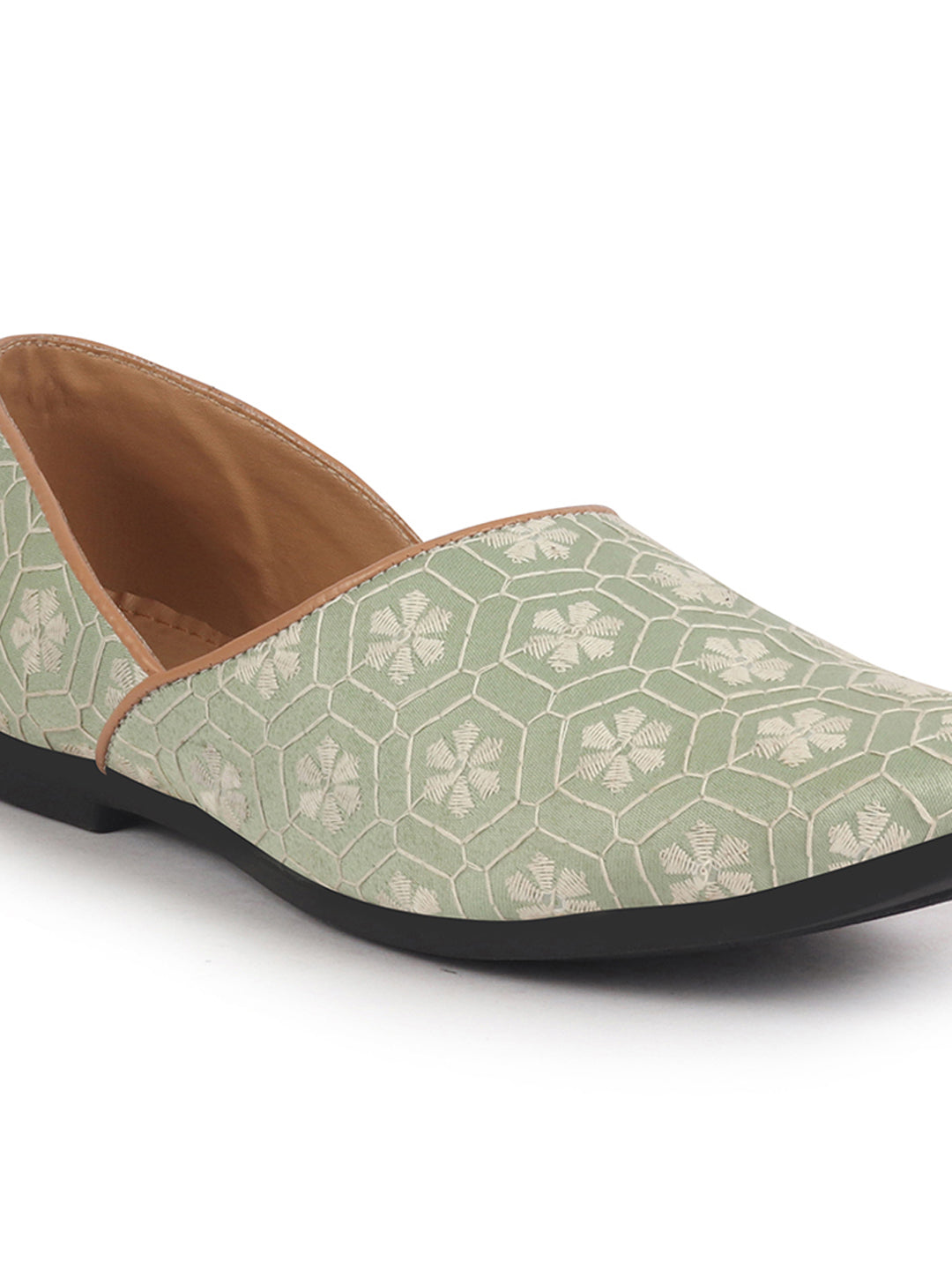 Men Pista Green Floral Embroidery Ethnic Half Cut Slip On Juttis and Mojaris for Wedding|Sherwani Slip-On|Traditional Kurtas Shoes