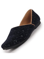 Men Blue Embroidery Sequin Ethnic Half Cut Slip On Juttis and Mojaris for Wedding|Traditional Sherwani Shoes|Slip-On For Nehru Jackets
