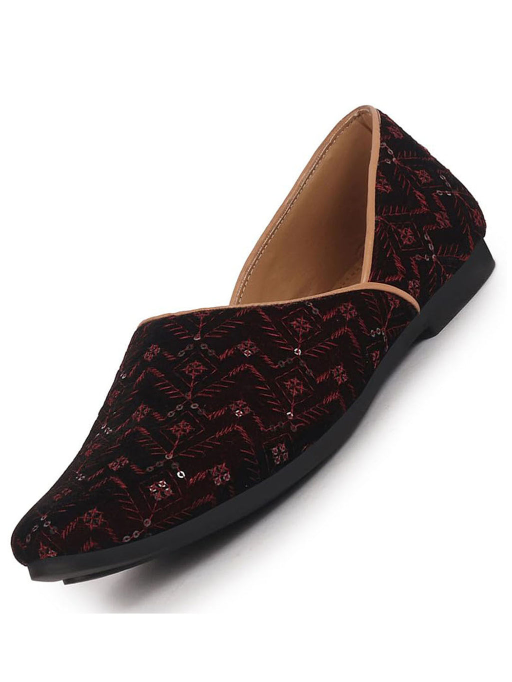 Men Maroon Embroidery Sequin Ethnic Half Cut Slip On Juttis and Mojaris for Wedding|Traditional Sherwani Shoes|Slip-On For Nehru Jackets