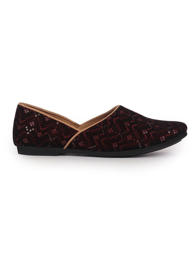 Men Maroon Embroidery Sequin Ethnic Half Cut Slip On Juttis and Mojaris for Wedding|Traditional Sherwani Shoes|Slip-On For Nehru Jackets