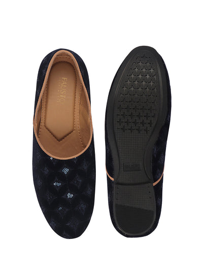 Men Blue Embroidery Sequin Ethnic Half Cut Slip On Juttis and Mojaris for Wedding|Slip-On For Nehru Jackets|Traditional Sherwani Shoes