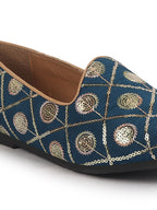 Men Blue Traditional Sequin Ethnic Slip On Juttis and Mojaris for Wedding|9 Colors|1-14UK Small Plus Sizes|Traditional Kurtas & Sherwani Shoe