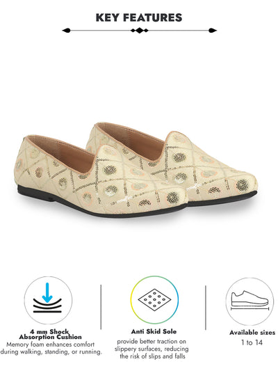 Men Cream Traditional Sequin Ethnic Slip On Juttis and Mojaris for Wedding|9 Colors|1-14UK Small Plus Sizes|Traditional Kurtas & Sherwani Shoe