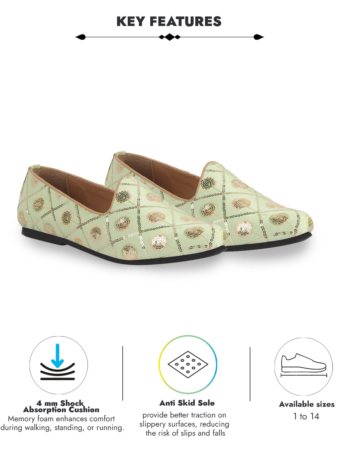 Men Pista Green Traditional Sequin Ethnic Slip On Juttis and Mojaris for Wedding