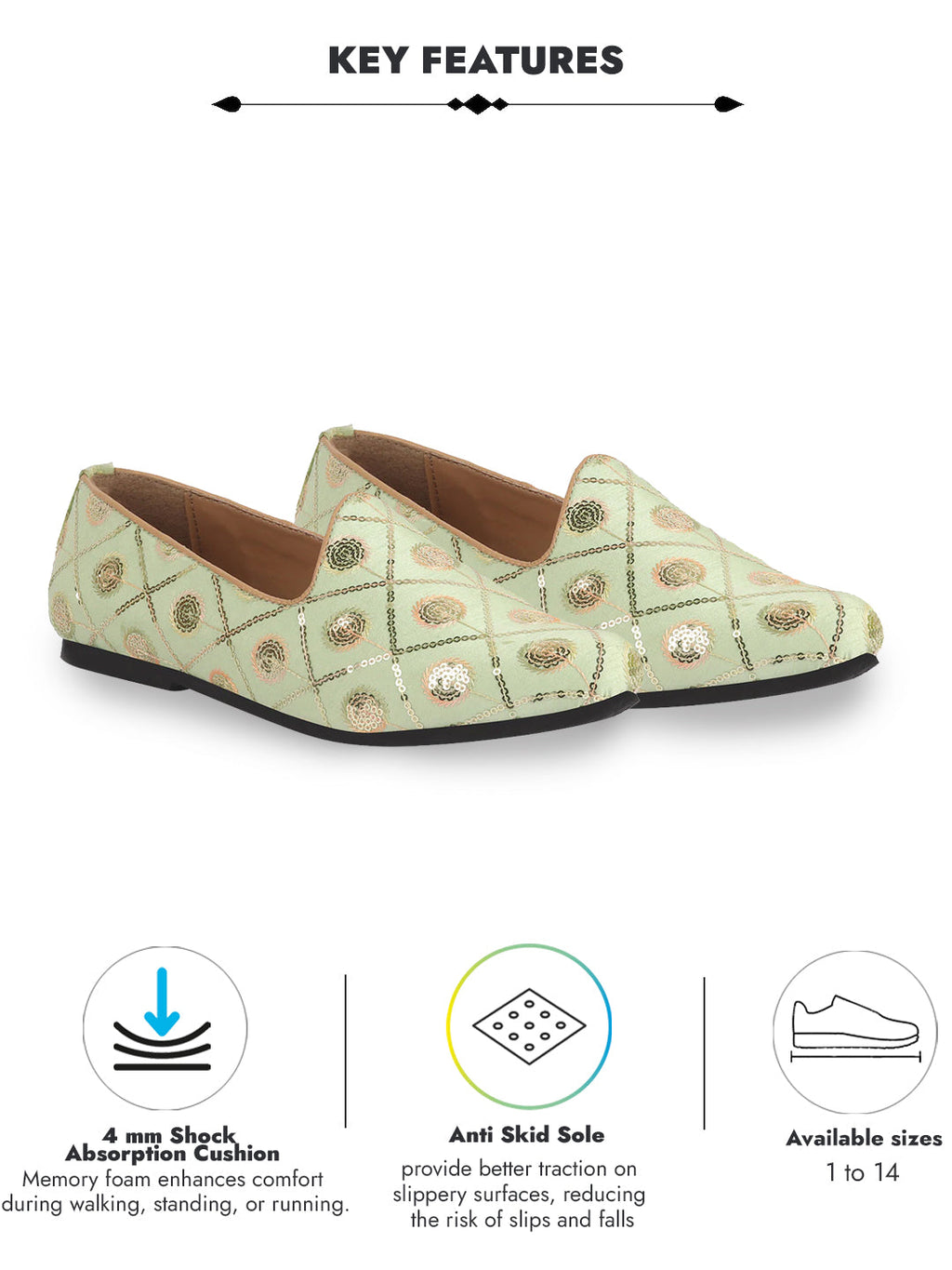 Men Pista Green Traditional Sequin Ethnic Slip On Juttis and Mojaris for Wedding