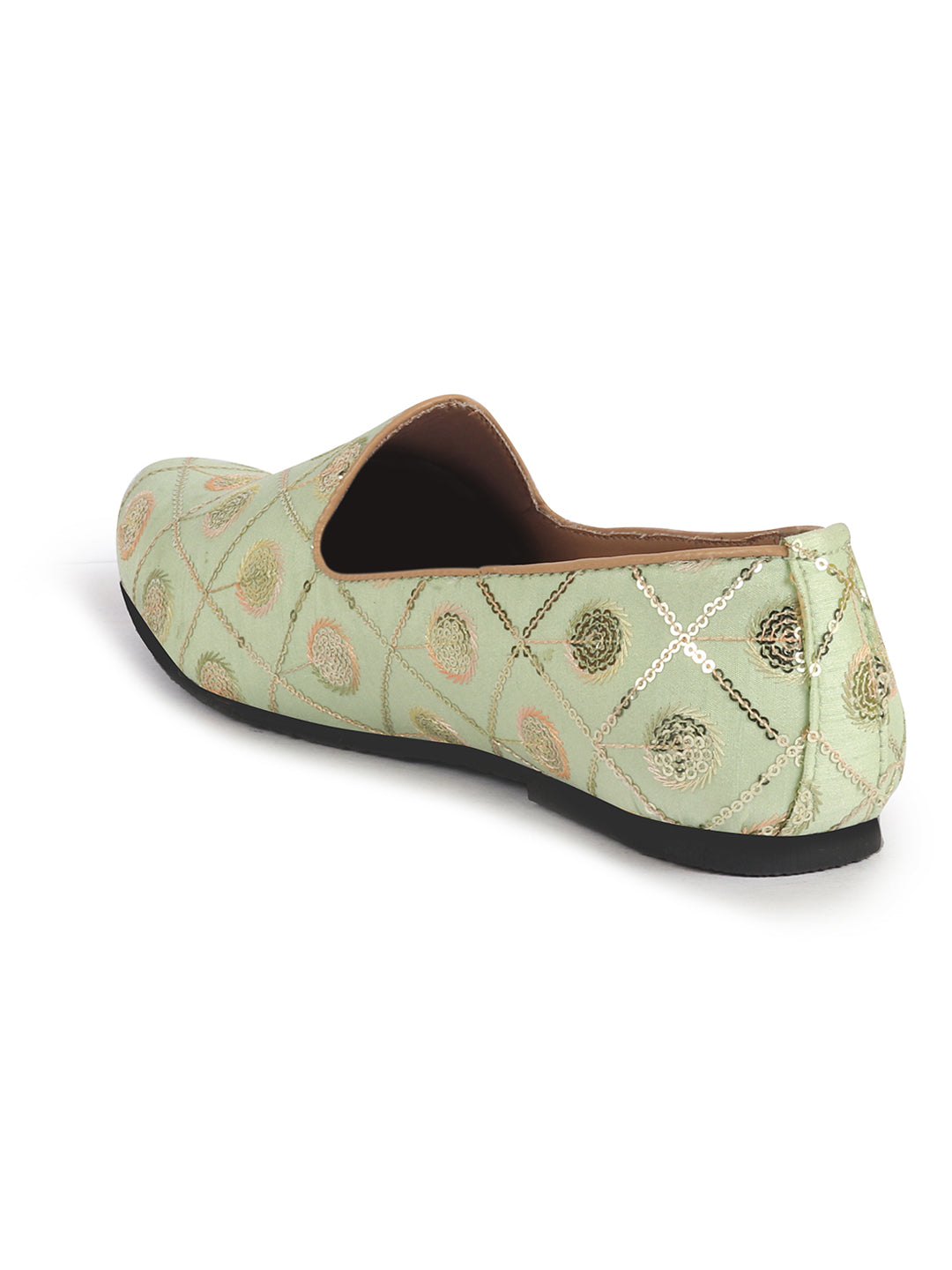 Men Pista Green Traditional Sequin Ethnic Slip On Juttis and Mojaris for Wedding
