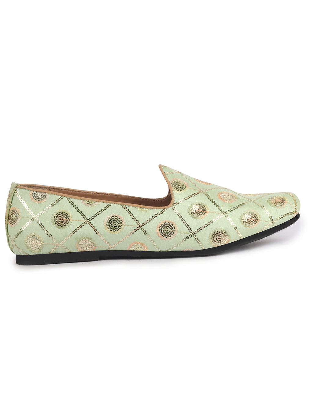 Men Pista Green Traditional Sequin Ethnic Slip On Juttis and Mojaris for Wedding