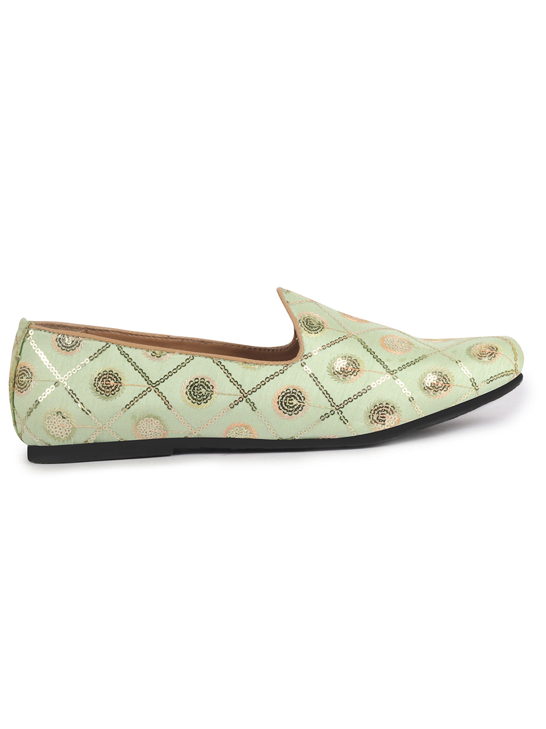 Men Pista Green Traditional Sequin Ethnic Slip On Juttis and Mojaris for Wedding