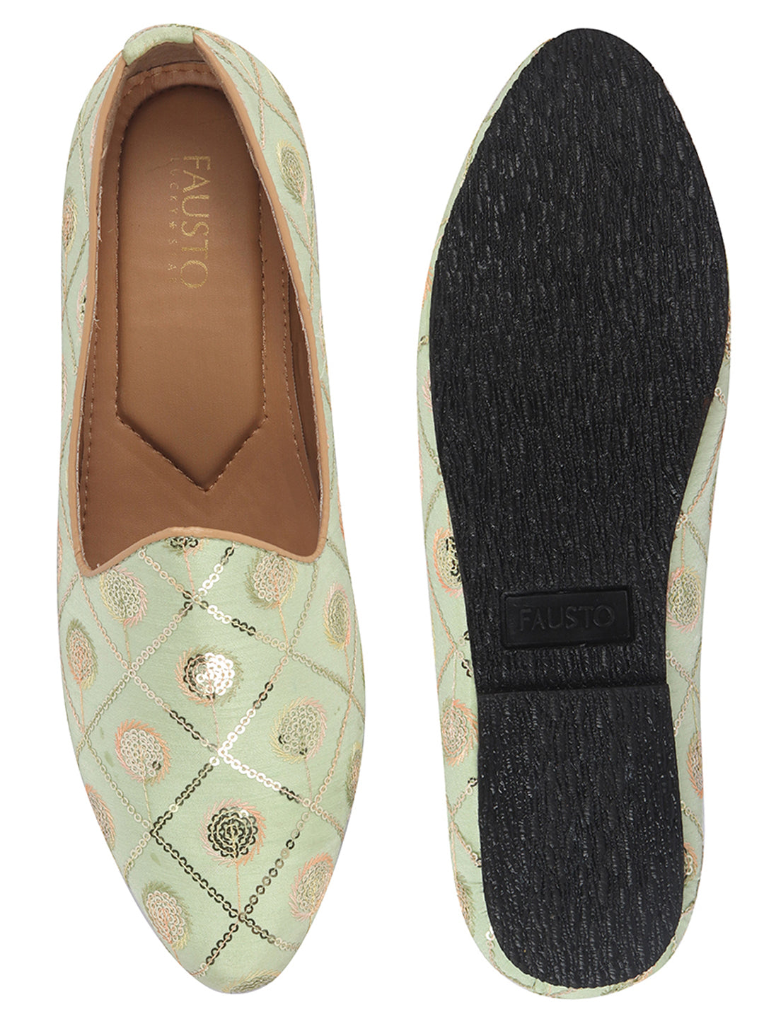 Men Pista Green Traditional Sequin Ethnic Slip On Juttis and Mojaris for Wedding