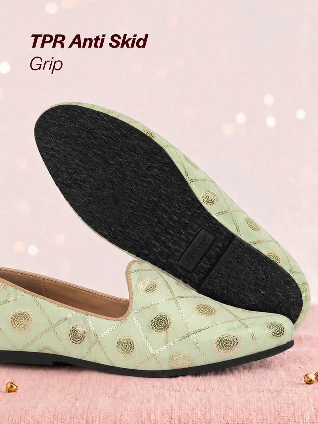 men pista green traditional sequin ethnic slip on juttis and mojaris for wedding
