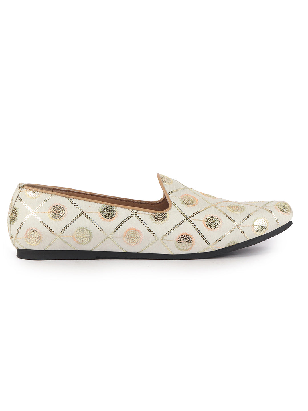 Men White Traditional Sequin Ethnic Slip On Juttis and Mojaris for Wedding