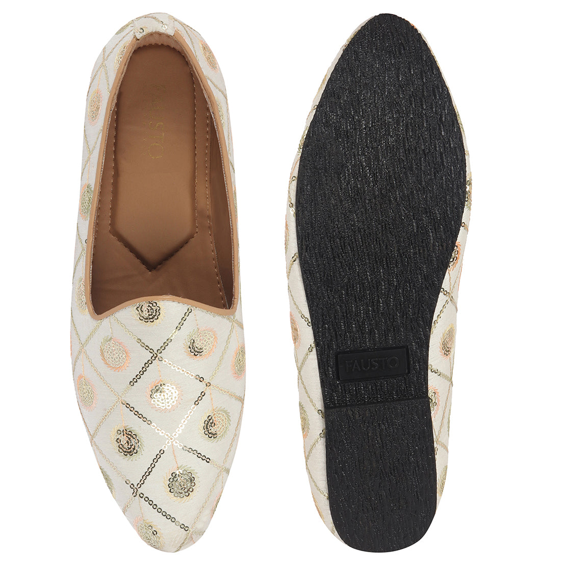 Men White Traditional Sequin Ethnic Slip On Juttis and Mojaris for Wedding