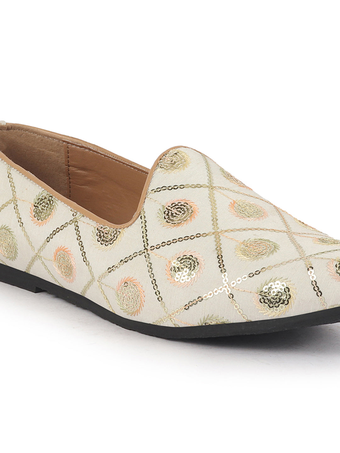 Men White Traditional Sequin Ethnic Slip On Juttis and Mojaris for Wedding