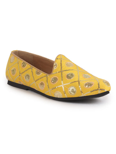 Men Yellow Traditional Sequin Ethnic Slip On Juttis and Mojaris for Wedding|9 Colors|1-14UK Small Plus Sizes|Traditional Kurtas & Sherwani Shoe