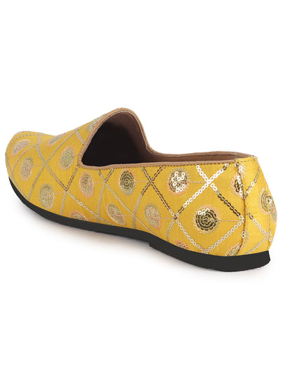 Men Yellow Traditional Sequin Ethnic Slip On Juttis and Mojaris for Wedding|9 Colors|1-14UK Small Plus Sizes|Traditional Kurtas & Sherwani Shoe