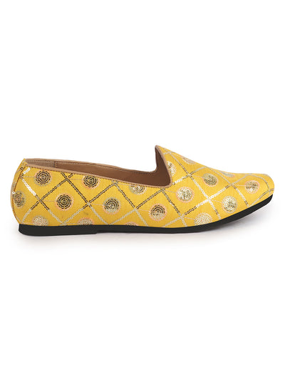 Men Yellow Traditional Sequin Ethnic Slip On Juttis and Mojaris for Wedding|9 Colors|1-14UK Small Plus Sizes|Traditional Kurtas & Sherwani Shoe