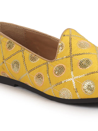 Men Yellow Traditional Sequin Ethnic Slip On Juttis and Mojaris for Wedding|9 Colors|1-14UK Small Plus Sizes|Traditional Kurtas & Sherwani Shoe