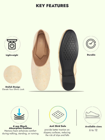 Men Cream Festive Embroidered Ethnic Half Cut Slip On Juttis and Mojaris for Wedding|Traditional Kurtas & Sherwani Shoe