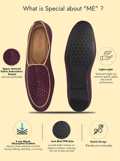 Men Maroon Embroidery Sequin Ethnic Slip On Round Toe Juttis and Mojaris for Wedding|Festive Party Slip-On|Traditional Sherwani Shoes