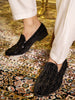 Men Black Silk Zardosi Sequin Velvet Embroidered Ethnic Slip On Juttis and Mojaris for Wedding|Indian Traditional Sherwani Shoes|Groom Slip On Shoes