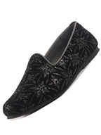 Men Black Silk Zardosi Sequin Velvet Ethnic Slip On Juttis and Mojaris for Festive|Indian Traditional Sherwani Shoes for Wedding|Slip On Shoes for Groom