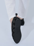 Men Black Silk Zardosi Sequin Velvet Ethnic Slip On Juttis and Mojaris for Festive|Indian Traditional Sherwani Shoes for Wedding|Slip On Shoes for Groom